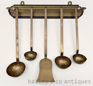 A Vintage French Set of Five Brass kitchen utensils with Hanging Rack - E455b