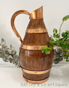 A Vintage French Wooden Wine Cider Pitcher Copper Banding - E505
