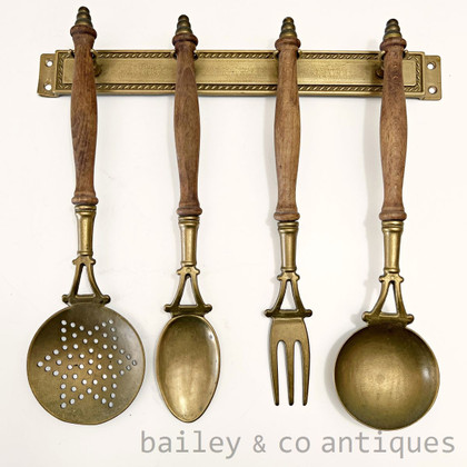 A Set of Antique French Brass Kitchen Utensils with Holder - E567