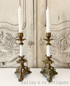 A Pair of Antique French Gilt Candle Holders Candlesticks Art Nouveaux - E424 