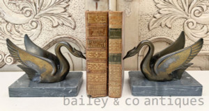Antique French Bronze Marble Based “Swan” Bookends- E435