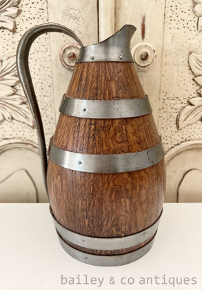 A Vintage French Oak Banded Wine or Cider Pitcher - E572a 