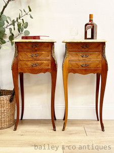 A Pair of Vintage French Louis Style Bombe Marble Topped Bedside Drawers - E119