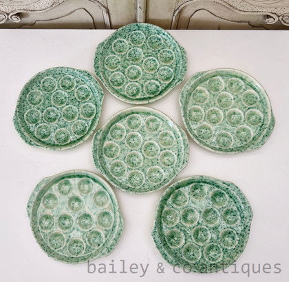 A Set of Six Vintage French GIEN Escargot Plates Green Speckled - E553