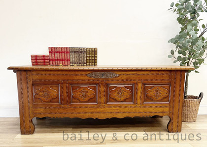 Antique French Chestnut Coffer Chest Bench Seat Trunk Studded Inlay - E169