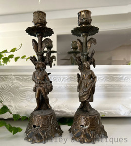 A Pair of Antique French Bronze Figural Candle Holders - E533