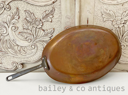 Antique French Oval Frying Pan or Fish Pan Lined Brass Handle - E380