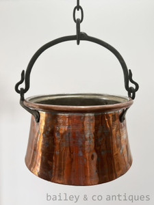 A Rare Antique French Copper Cauldron Cooking Pot Hanging Iron Chain - E560