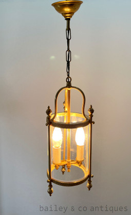A Vintage French Brass Hanging Lantern Curved Glass - E402