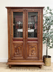 A Vintage French Vitrine Bookcase Heavily Carved Oak - E065