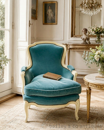 An Antique Parisian French Blue Bergere Armchair Louis XV Style - E186