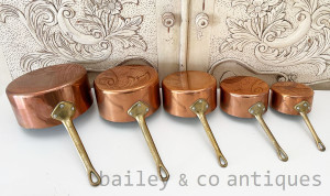Vintage French Set of Five Copper Saucepans Lined Brass Handles - E403