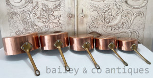 Vintage French Set of Five Copper Saucepans Lined Brass Handles - E417