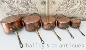 Vintage French Set of Five Copper Saucepans Lined Brass Handles - E460