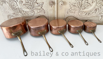 Vintage French Set of Five Copper Saucepans Lined Brass Handles - E460