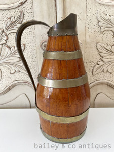 A Vintage French Oak Brass Banded Wine or Cider Pitcher - E316