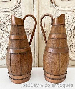 A Pair of Vintage French Oak Copper Banded Wine or Cider Pitchers - E327