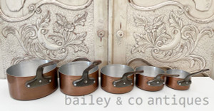 A Set of Five Vintage French Lined Copper Saucepans Iron Handles - E349