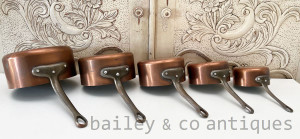 A Set of Five Vintage French Stamped - Lined Copper Saucepans Iron Handles - E430