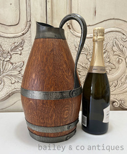 A Large Vintage French Oak Pewter Banded Wine or Cider Pitcher - E569a