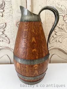 A Vintage French Oak Pewter Banded Wine or Cider Pitcher - E569c