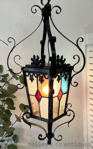 A Rare Antique French Stained Glass & Iron Hanging Lantern  - E545