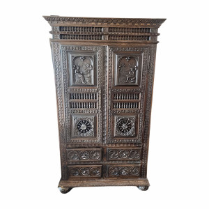 An Antique French Heavily Carved Oak Armoire from Brittany - D027