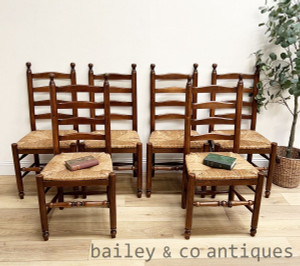 A Set of Six Vintage French Oak Ladder Back Dining Chairs - D102