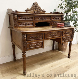 An Antique French Louis XVI Renaissance style Carved Oak Writing Desk - D042