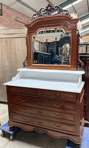 An Antique French Marble Topped Mahogany Drawer Cabinet with Mirror - D082