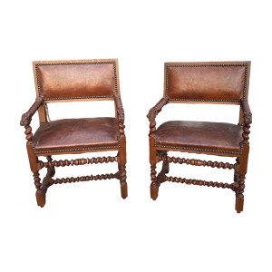 A Pair of Antique French Louis XIII Oak & Leather Armchairs - D026