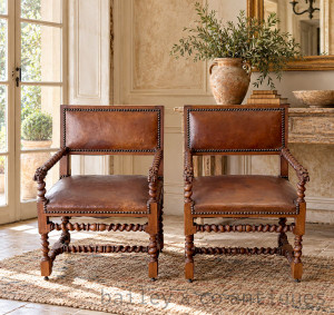 A Pair of Antique French Louis XIII Oak & Leather Armchairs - D026