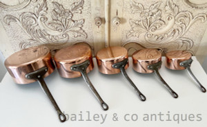 Vintage Set of Five French Lined Very Heavy Copper Saucepans - E436