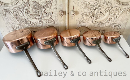 Vintage Set of Five French Lined Very Heavy Copper Saucepans - E436