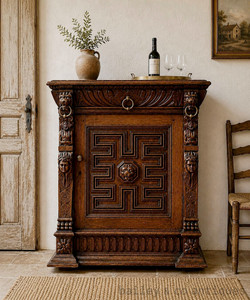 An Antique French Renaissance Heavily Carved Oak Cabinet - D054