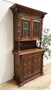 SOLD - An Antique French Carved Oak Stained Lead Light Hunting Cabinet - D087