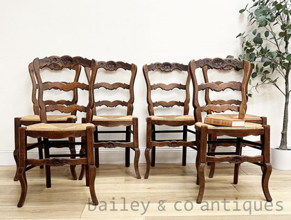 A Set of Six Antique French Provincial Oak Ladder Back Dining Chairs - E161