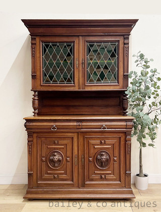 An Antique French Carved Walnut Stained Glass Leadlight Sideboard - D105