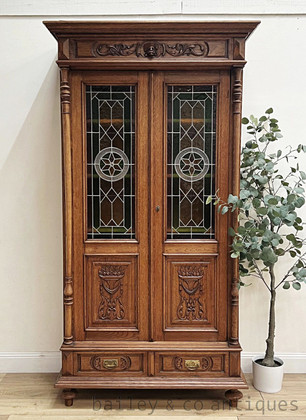 An Antique French Vitrine Bookcase Oak Stained Leadlight Glass - D091