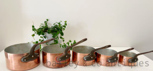 A Set of Five Vintage French Copper Saucepans Lined & Stamped - E476