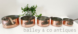 A Set of Five Vintage French Very Heavy Copper Saucepans Lined Stamped - E548