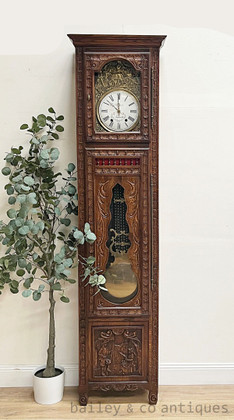 An Antique French Rare 19th Century Oak Carved Comptoise Grandfather Clock - E023