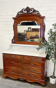 An Antique French Louis XV Walnut White Marble Top Dresser Washstand Vanity  - D083