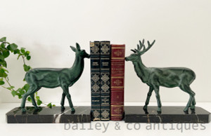 A Pair of Antique French Marble Based Stag & Deer Bookends - E344