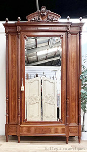 An Magnificent Antique French Louis XVI Style Walnut Mirrored Armoire - BR090