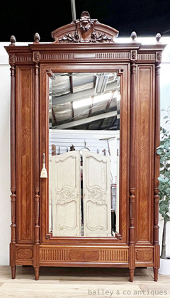 An Magnificent Antique French Louis XVI Style Walnut Mirrored Armoire - BR090