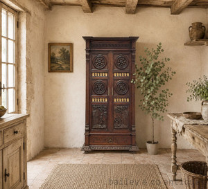 An Antique French Breton Oak Armoire Clothing Linen Bathroom Cabinet - E016