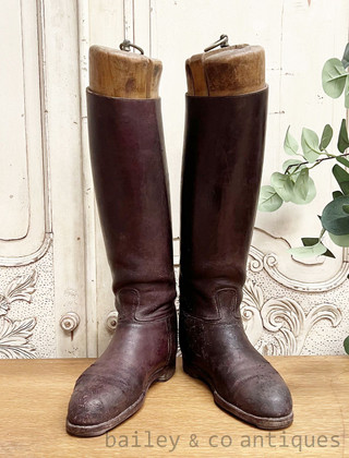 Pair of Antique French Black Cavalier Riding Boots & Embauchoirs - E444