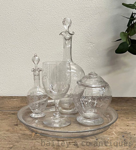 Antique French Art Deco Etched Glass Liquor Service Carafes Tray Glass - C172