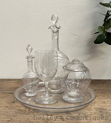 Antique French Art Deco Etched Glass Liquor Service Carafes Tray Glass - C172